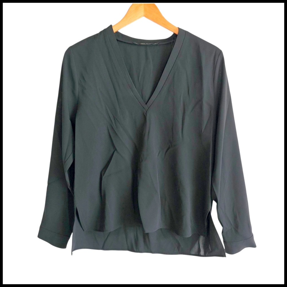 Zara Basic Collection‎ V-Neck Blouse Long Sleeve Flowy Black Size L